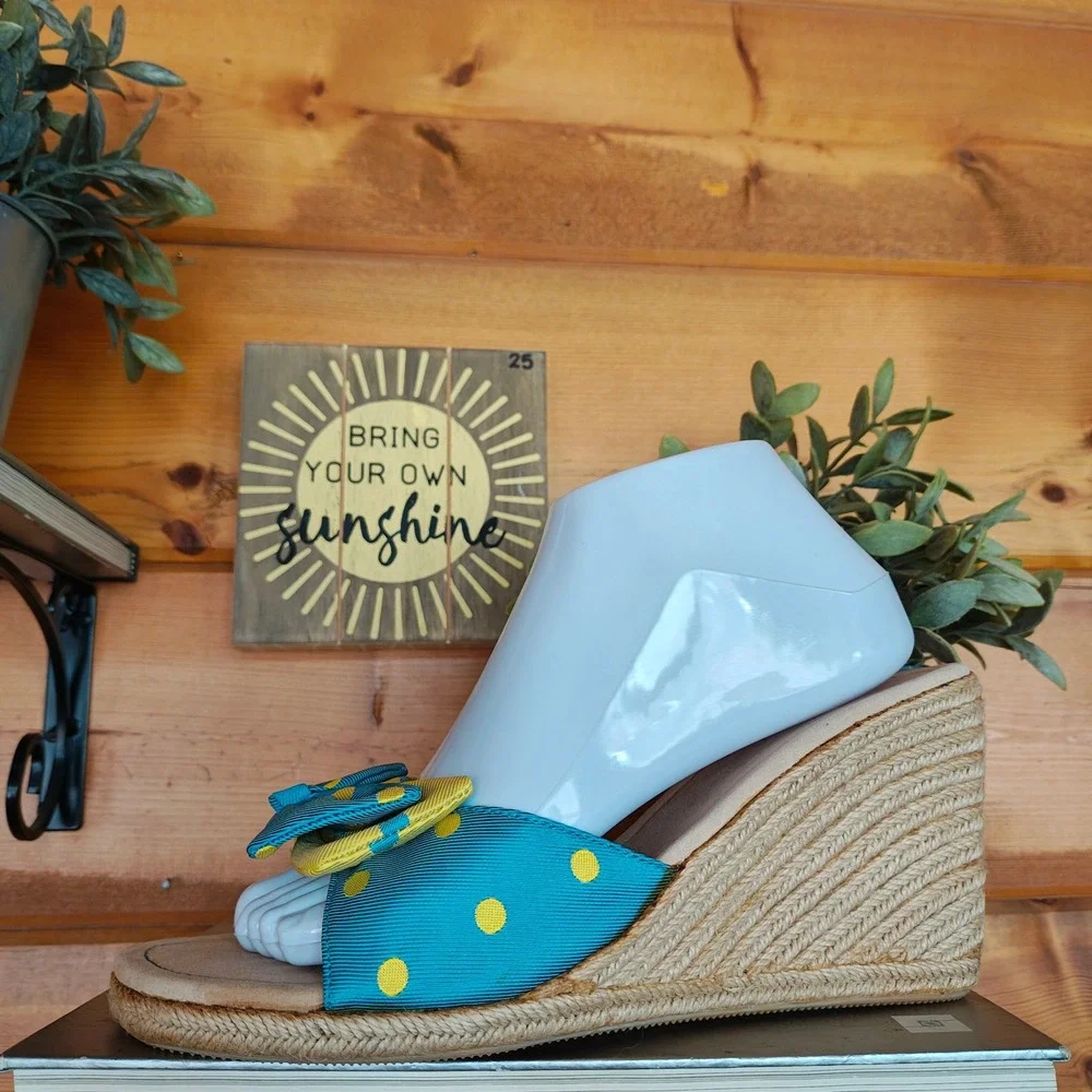 Unisa Brigetta Espadrille Jute Wedge Heels Bow Polka Dot Slip On Sandal Shoe 9.5